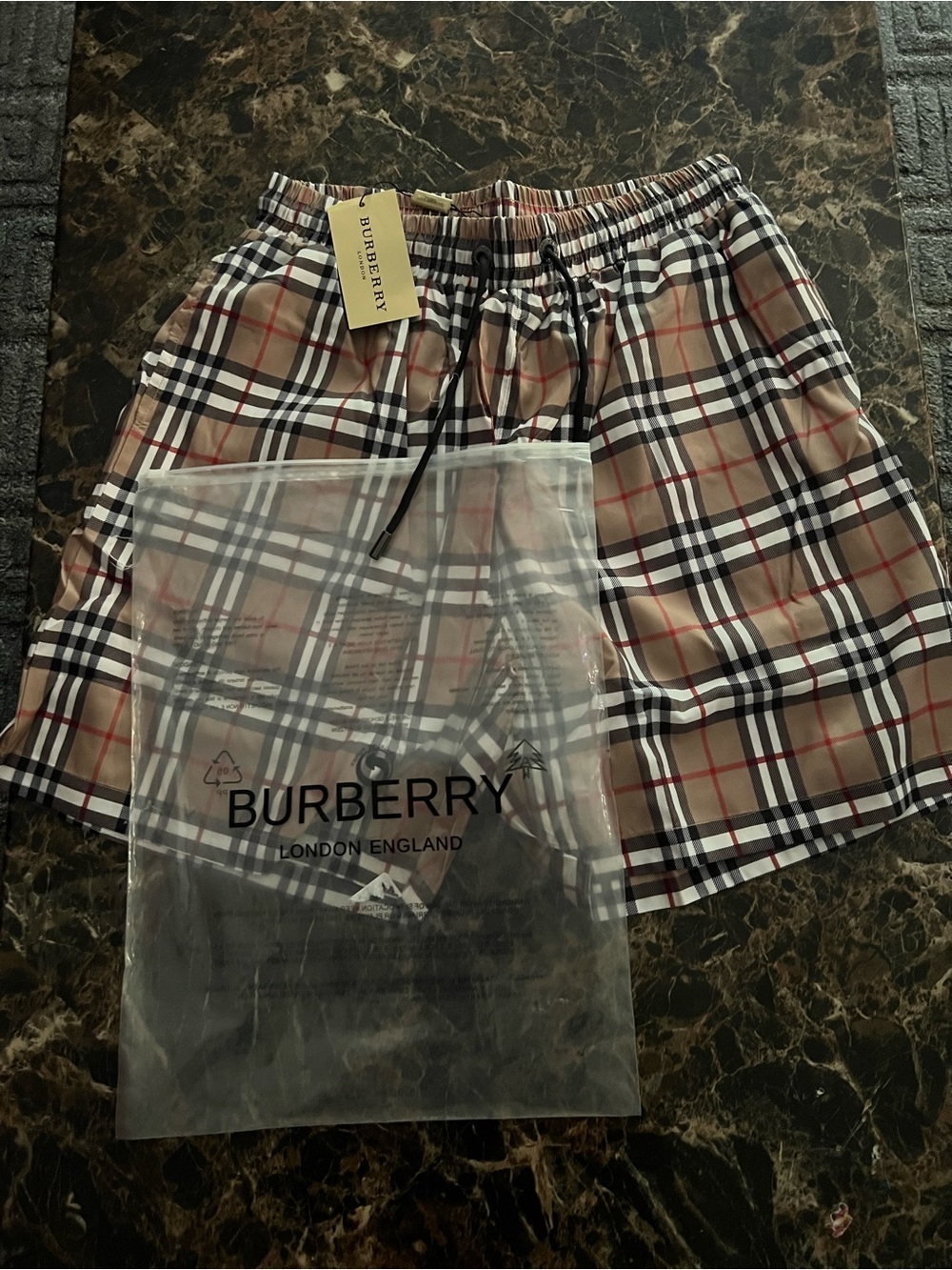Burberry Beige Vintage Check Swim Shorts with Black & Red Accents